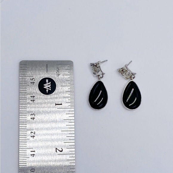 Sterling Silver Black Onyx Stone Dangle Earrings - Picture 6 of 10